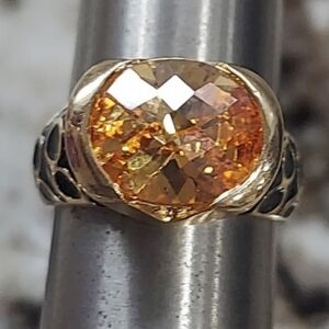 KJL kenneth j lane orange gemstone goldtone black enamel ring size 6